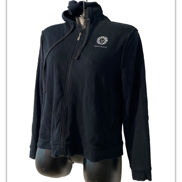 anne klein sweatshirt hoodie women’s large zip draw‎ string black - Picture 1 of 5